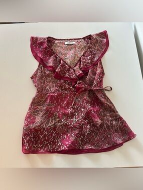 Vintage Y2K Romy Red Paisley Floral Babydoll Ruffle Sheer Tank Top M Tie Waist